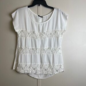 Mine Womens White Lace Panel Button Back Cap Sleeve Blouse Top Small
